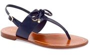 navy blue leather t-strap thong sandals bow tie gold hardware sz 9.5M