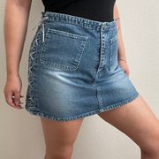 Vintage Y2K Faded Rawhide Leather Lace Up Sides Denim Mini Skirt