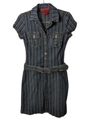 Vintage 90's Hot Kiss Verticle Striped Denim Shirt Dress Trucker Style Belted