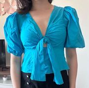 Vine & Love tie front puff sleeve poplin blouse