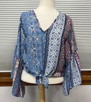 S // Lavender Fields NWT Blue Boho Print Bell Sleeve Crop Tie Front Top