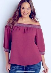 Maurice's  Plus Size 1 Smocked Off The Shoulder Peasant Top Burgundy Embroidered