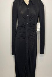 NWT Good American Shimmer Polo Dress SMALL Black Ruched Button Midi Long Sleeve