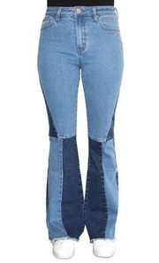 ALMOST FAMOUS Juniors' 9 Blue Denim Colorblocked High-Rise Flared Jeans