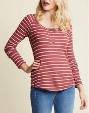 ModCloth Waffle Knit Henley in Striped Burnt Red