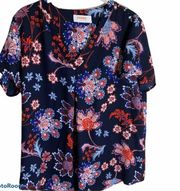 Renee C Blue Floral Detailed Short Sleeve Shirt