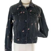 BLANK NYC Late Bloomer floral embroidered black denim trucker jacket size XS