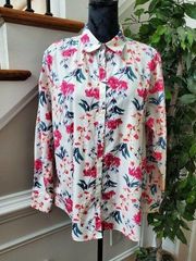 Land's End Women White Floral 100%Wool Long Sleeve Collared Button Down Shirt 18