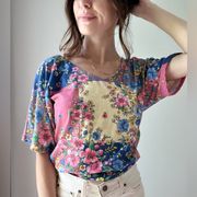 MISSLOOK Patchwork Style Floral Short Cottagecore Sleeve T-Shirt Size Small