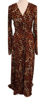 W118 by Walter Baker Orange Leopard Print Long Sleeve V-Neck Maxi Dress Sz M NWT