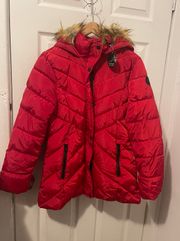 Faux fur Trim Hooded Puffer Red Coat Size Medium. See Notes.