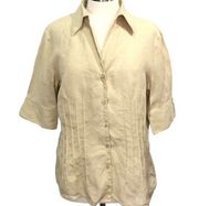 Lafayette 148 Sz 12 Tan Safari Blouse Shirt Top Button Front Pintuck 100% Linen