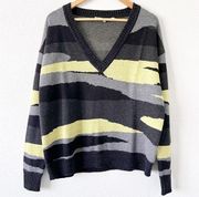 Pam and Gela Gray Neon Yellow V-Neck Slouchy Sweater