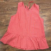 J. Crew Red Pink Plaid Sleeveless Ruffle Hem Blouse Tie Back Tank Top Women L