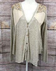 NWT  Western Boho Lace Yoke Deep V-Neck Button Down Blouse Size S