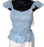 Japna New  Blue Floral Smocked Flutter Sleeve Blouse Size XS