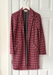 Melloday Pink Tweed Notched Collar Open Long Line Duster Blazer Jacket Small
