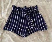 Blue and White Stripe Paper Bag Shorts