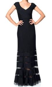 TADASHI SHOJI Black Evening Gown Dress Pintuck Jersey V-Neck Sz Small Elegant