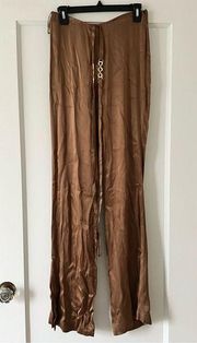 ASTR The Label Brown Moss Satin Pull On Belted Wide Leg Slit Pants Small NWOT