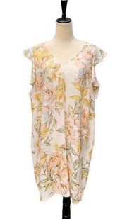 100% Linen Floral Midi Shift Dress 1X Sundress Beach Vacation