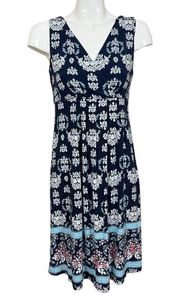 Blue Floral Surplice Neck Pleated Front Sleeveless Dress Medium