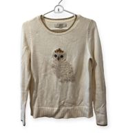 Sweater Womans Size XS Cream Fuzzy Owl Long Sleeve Crew Neck Pullover