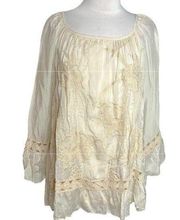 Tempo Paris embroidered floral eyelet trim blouse Sz S