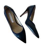 DIANE Von FURSTENBERG Pumps Black Leather Blue Suede Trim Stiletto Heels 7 DVF