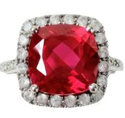 10K 10KT White Gold Faux Ruby Halo Cushion Ring Sz 7