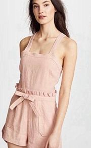 100% Linen Romper SMALL Pink Square Neck Ruffle Tie Waist Feminine Woven