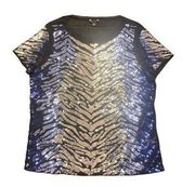 Cache Zebra Animal Print Top Black/Metallic/Silver/Blue Short Sleeve Sheer Sz M