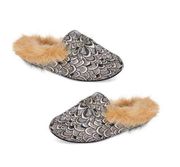 Velvet & Jacquard Faux Fur Slippers Silver & Gold Women’s US Size XL 11/12