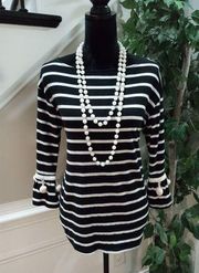 Cherish Women's Black White Striped Pom Ball Round Neck Long Sleeve Top Blouse L