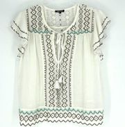 Love Sam Beaded Flutter Sleeve Peasant Top with Eyelets White Turquoise Silver M