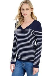 Nautica Women's Navy Sailor Stripe V-Neck Sweater