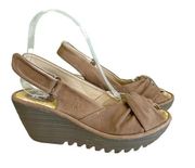 Fly London Yakin Women's Slingback Platform Wedge Peep Toe Tan Sandals Size 6