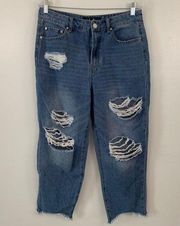 Indigo Rein Dark Wash Heavy Distressed Boyfriend Denim Capris Size 11