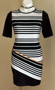 Donna Ricco Black & White Stripe Mini Dress SZ P6 Short Sleeves Zipper I…