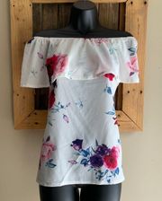 Floral Off The Shoulder Pink White Blue and Purple Floral Blouse Medium