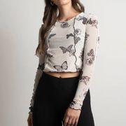 NWT  Sheer Cream and Black Long Sleeve With Butterfly Print XS