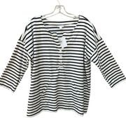 J. Jill Top Stripe White Navy French Terry Kangaroo Pocket Coastal Grandma Large