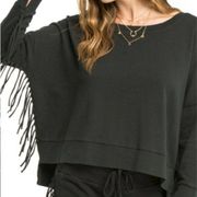 Emma Boho Oversized Boxy Fringe Pullover Sweatshirt Black Size XS