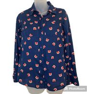 Navy Blue Fox Print Button Down Top Size XS