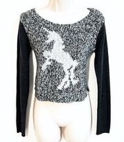 Bethany Mota Unicorn Knit Crop Long Sleeve Pullover Sweater Gray Small