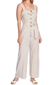 Vince Camuto Sleeveless Natural Linen Stripe Tie Front Jumpsuit Natural