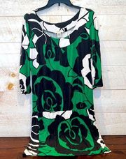 VERTIGO PARIS Women’s Green Black White Mod Flower Scoop Neck Drop Waist Dress