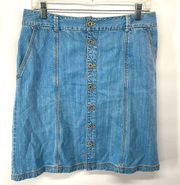 Eddie Bauer denim midi skirt front button 100% cotton EUC 8 jean jeans a-line