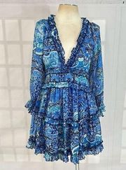 Luxxel Women's Floral Blue Ruffled Trim Open Back Mini Dress Size L