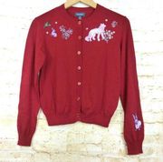 Modcloth Embroidered Cardigan Womens S Red Forest Animal Terrestrial Dreamscape